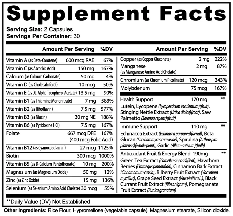 Supplement facts label detailing vitamins, minerals, and herbal extracts with daily values and serving size.