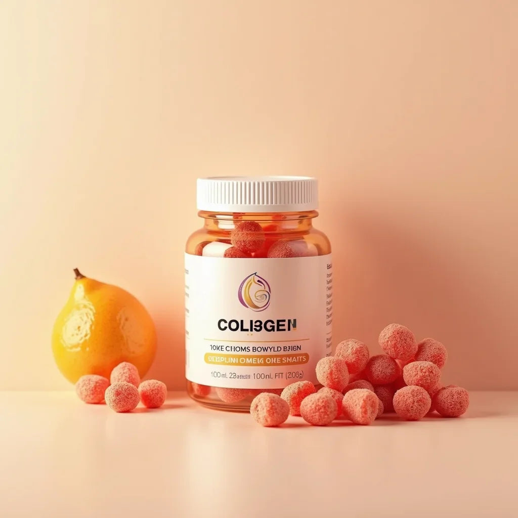 Collagen supplement bottle with orange vitamin gummies and a fresh orange on peach background