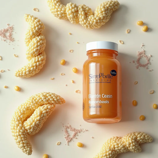 Orange supplement bottle with white cap surrounded by twisted clusters of beige seeds on white background