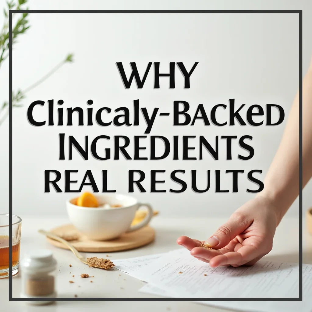 Hand holding powdered supplement with cup, honey, and text about clinically-backed ingredients and real results