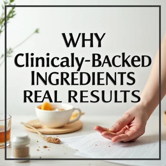 Hand holding powdered supplement with cup, honey, and text about clinically-backed ingredients and real results