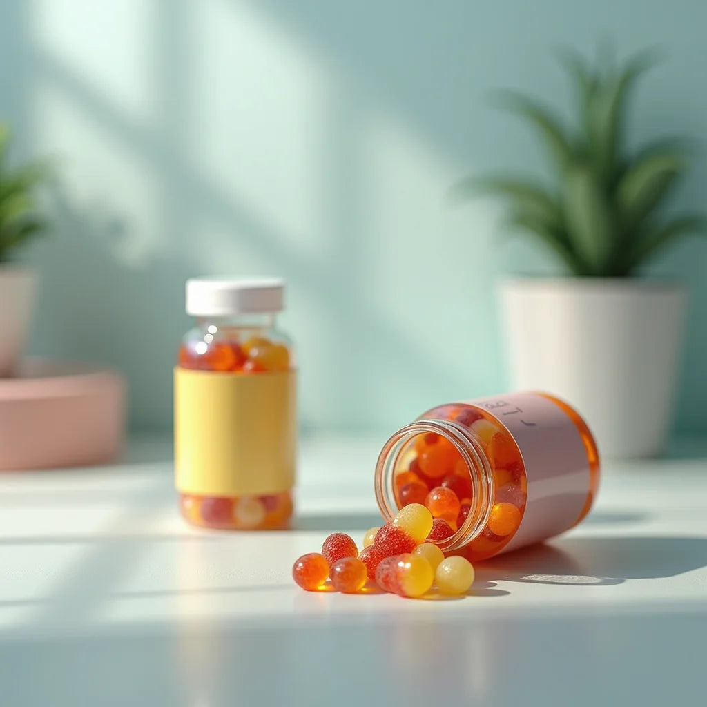 Two bottles of colorful gummy vitamins on a white table with green potted plants in soft daylight