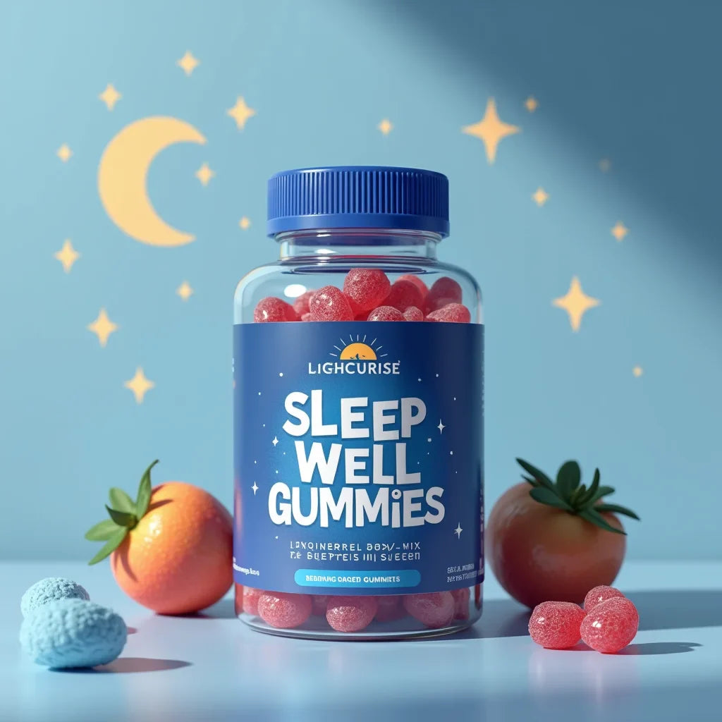 Lightcurise Sleep Well Gummies jar with red gummies, orange fruit, and moon stars background