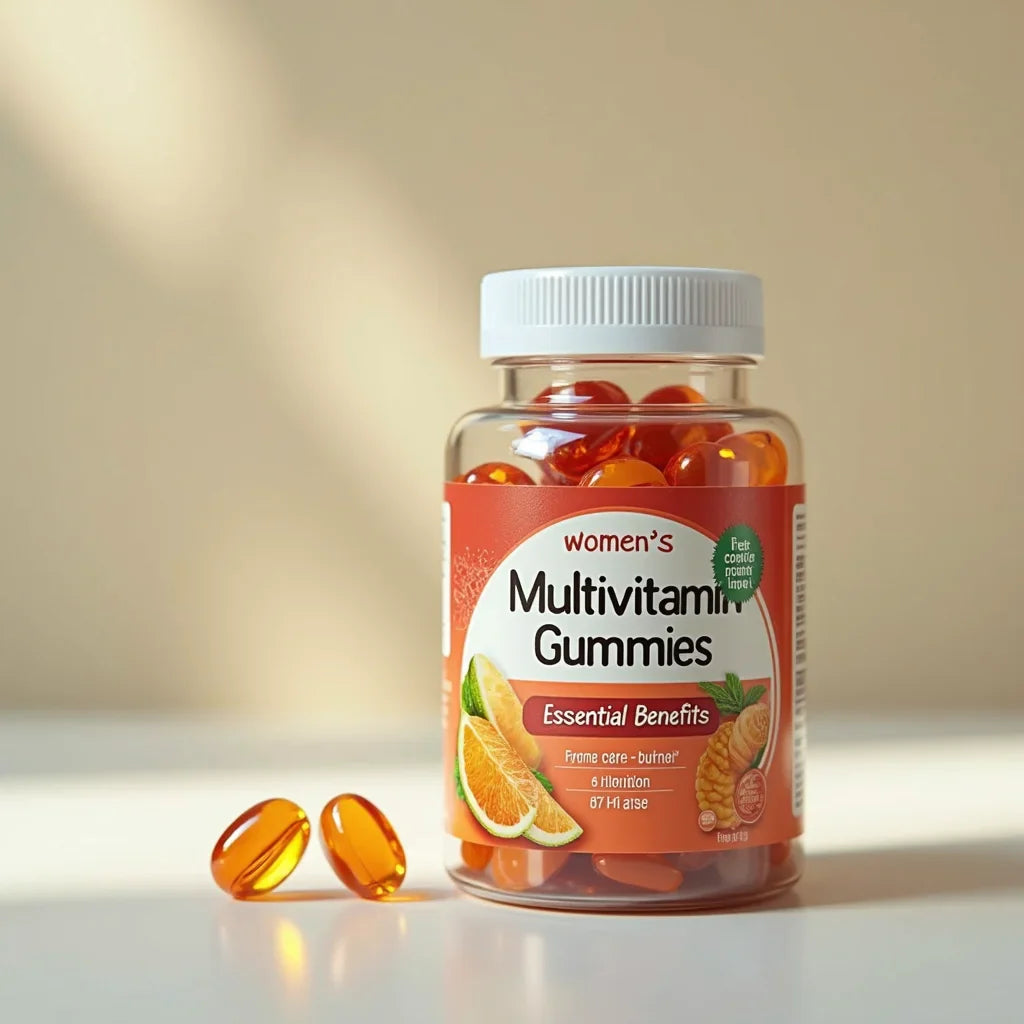 Bottle of women's multivitamin gummies with orange label and two gummies on white surface