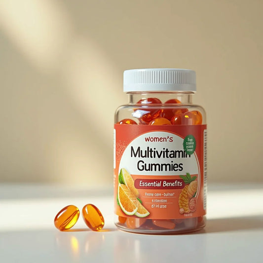 Bottle of women's multivitamin gummies with orange label and two gummies on white surface