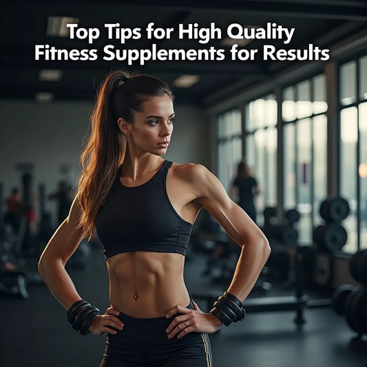 Fit woman in black sportswear posing in gym with muscular arms and visible abs for fitness supplements