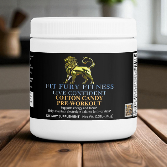 Fit Fury Fitness Cotton Candy Pre-Workout dietary supplement container on wooden table