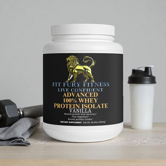 Fit Fury Fitness Advanced 100% Whey Protein Isolate vanilla flavor container with dumbbell, towel, and shaker bottle