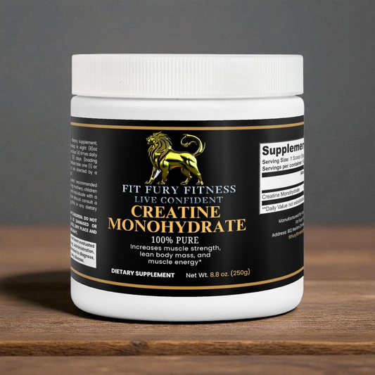 Fit Fury Fitness Creatine Monohydrate dietary supplement container with lion logo on wooden surface