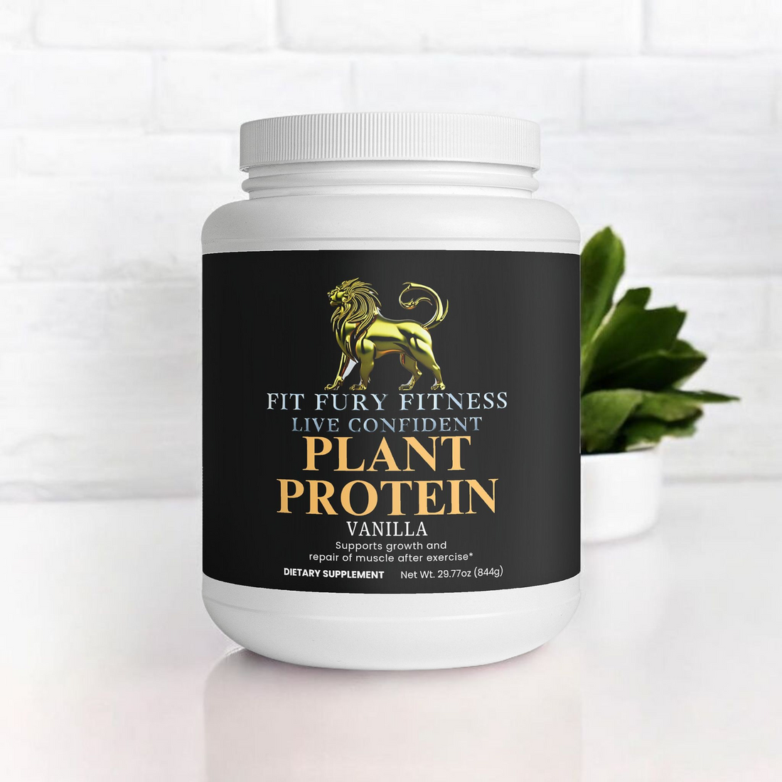 Fit Fury Fitness vanilla plant protein powder container with black label and gold lion logo
