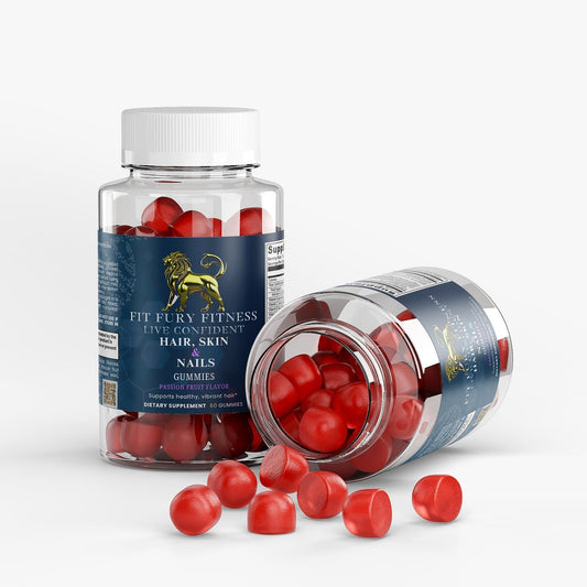 Fit Fury Fitness hair skin nails gummies bottles with red passion fruit flavored supplements