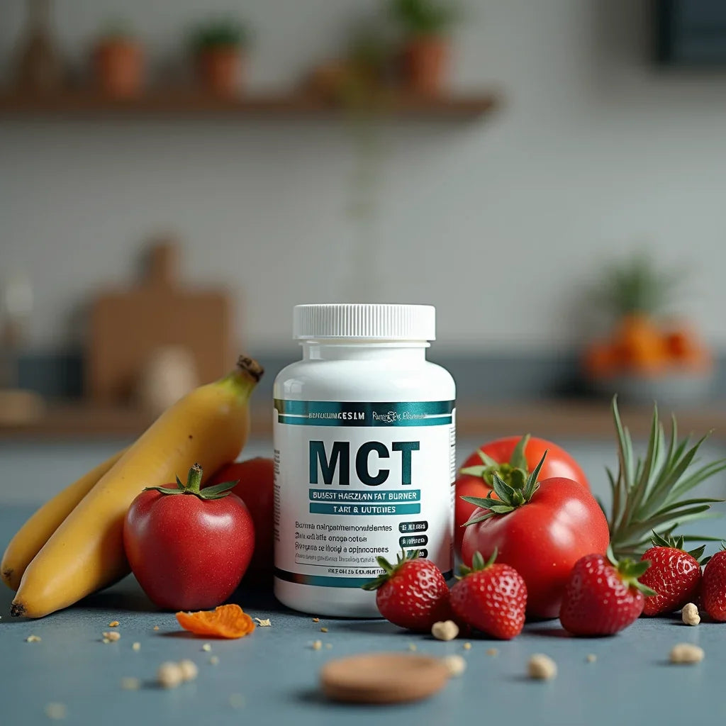 Bottle of MCT fat burner supplement surrounded by fresh bananas, tomatoes, strawberries, and pineapple on kitchen counter