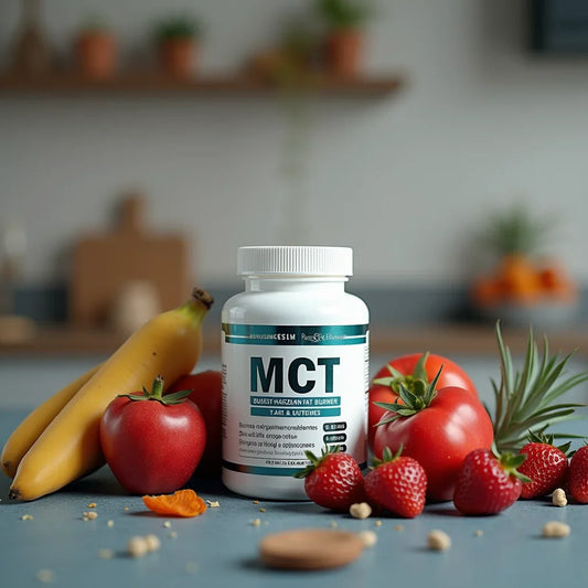 Bottle of MCT fat burner supplement surrounded by fresh bananas, tomatoes, strawberries, and pineapple on kitchen counter