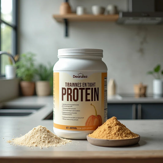 Dearuiez Tibainnes En Tight protein powder container with two piles of powder on kitchen counter