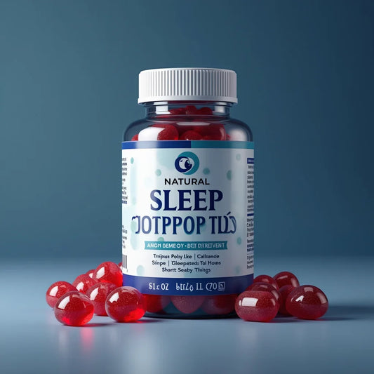 Bottle of natural sleep supplement with red gel capsules on blue background