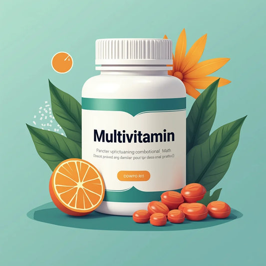 Multivitamin bottle with orange tablets, orange slice, green leaves, and yellow flower on teal background