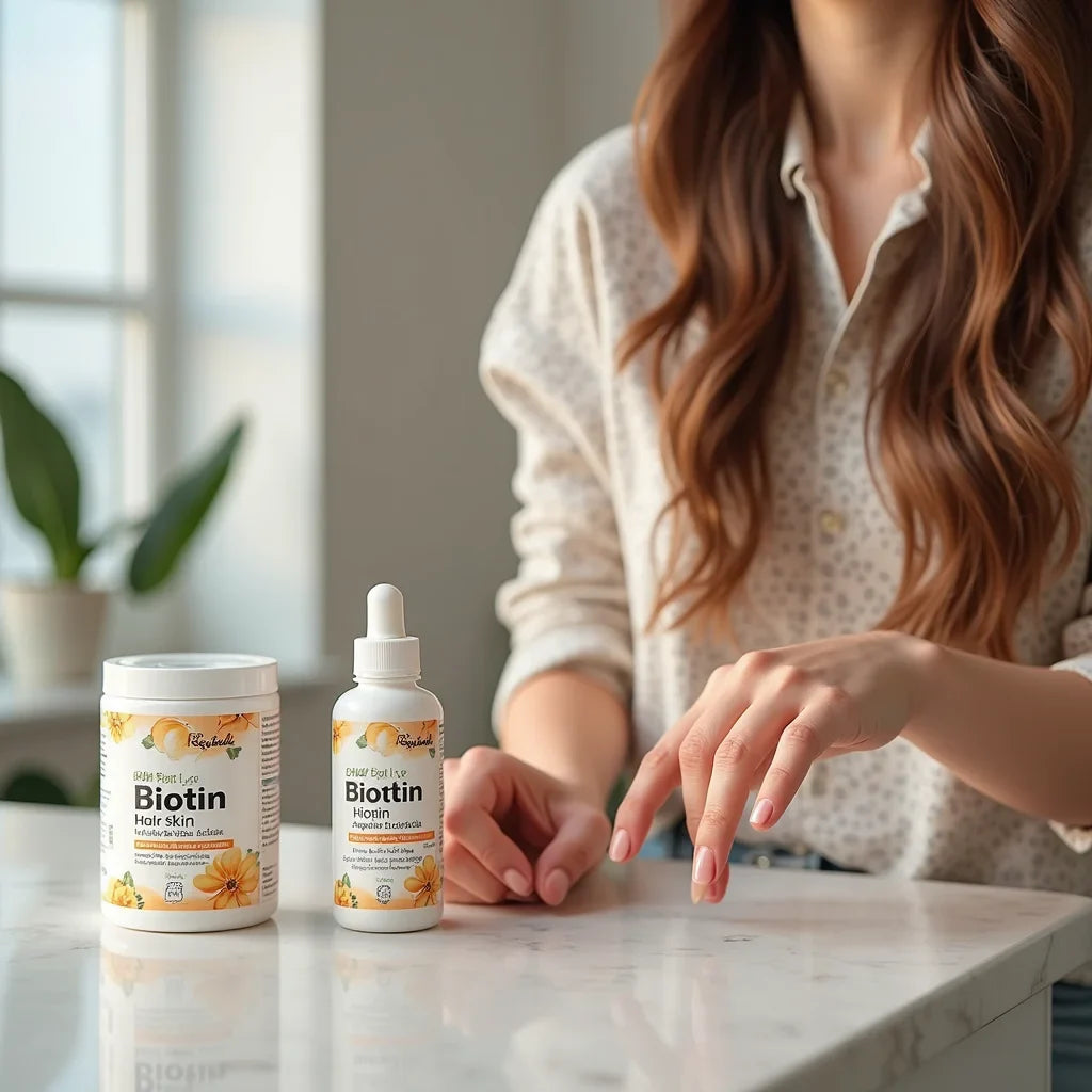 Woman with long hair near biotin hair and skin care products on marble table by window