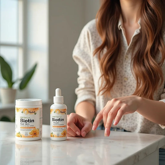 Woman with long hair near biotin hair and skin care products on marble table by window