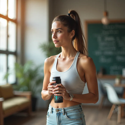Young fit woman in sportswear holding water bottle indoors with sunlight and modern interior