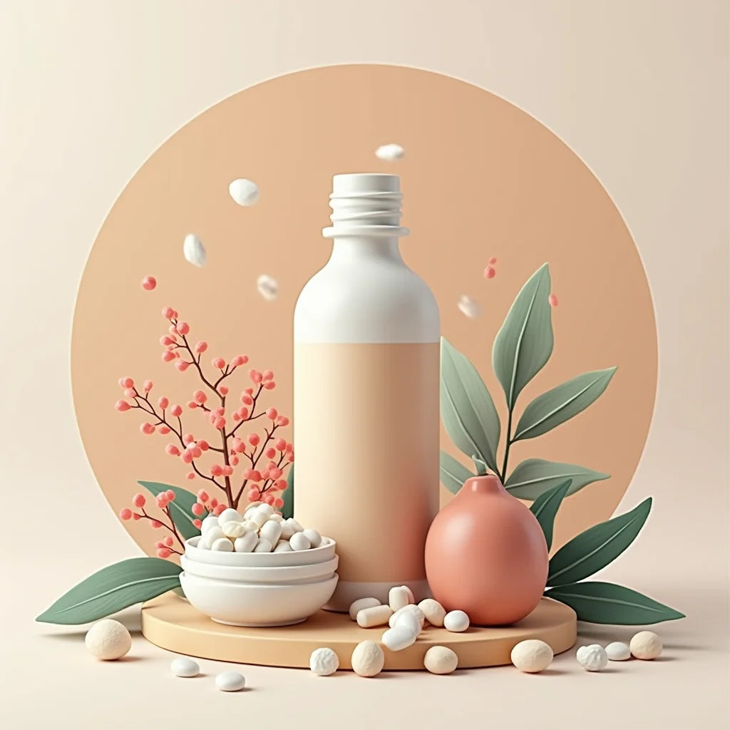 Natural supplement bottle with capsules, pink berries, and green leaves on wooden surface