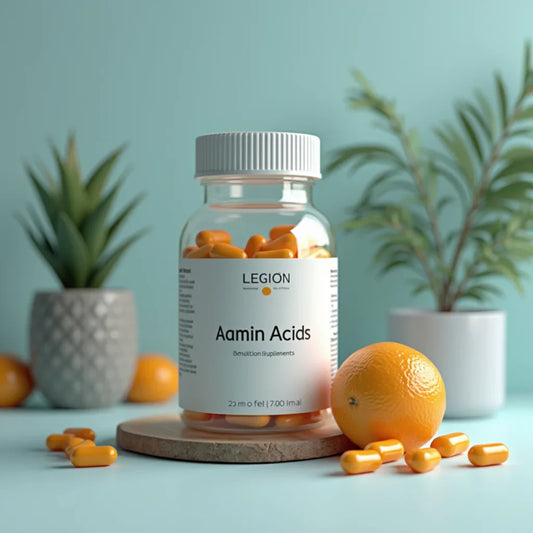 Legion Amin Acids supplement bottle with orange capsules, orange fruit, and green plants in background