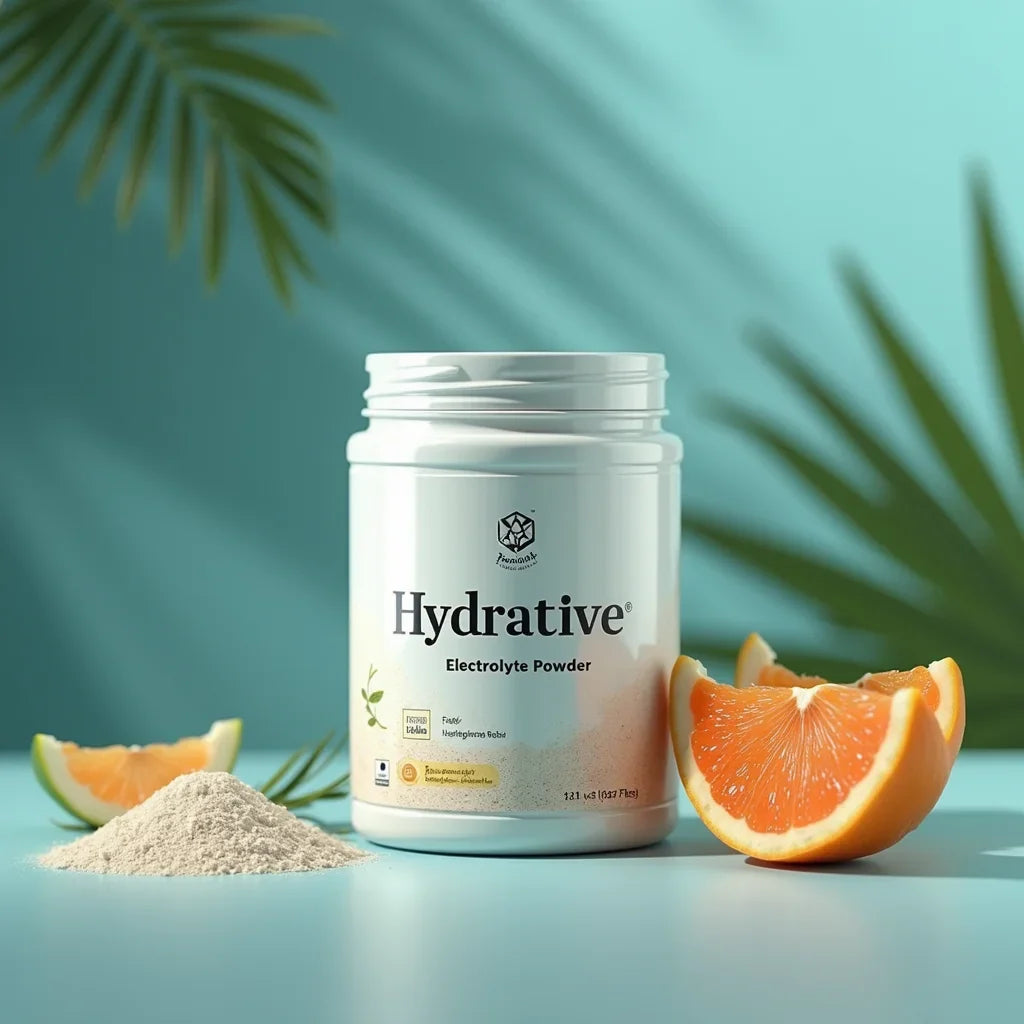 Hydrative electrolyte powder container with citrus slices and powder pile on teal background