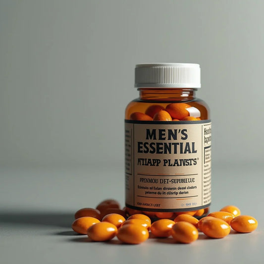 Amber bottle of men's essential vitamins with orange capsules scattered on a gray surface