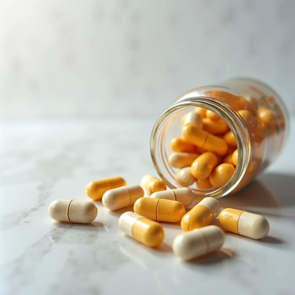 Glass jar tipped over with yellow and beige capsules spilling on marble surface