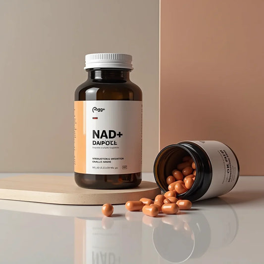 NAD+ supplement bottles with orange capsules on a reflective surface, beige and brown background