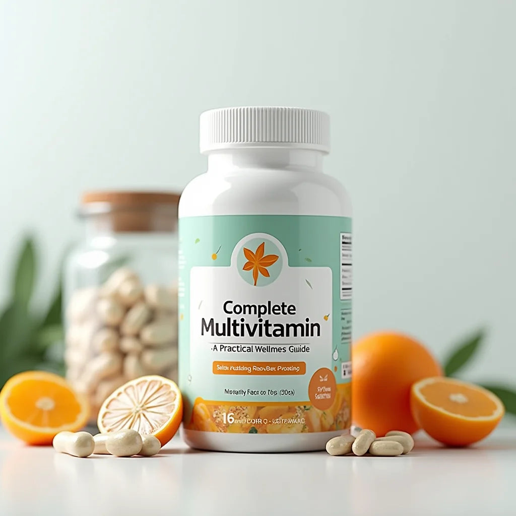 Complete multivitamin bottle with capsules, fresh and dried oranges, and a jar with pills on white surface