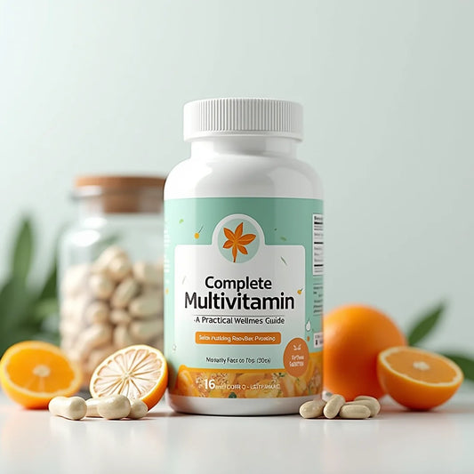 Complete multivitamin bottle with capsules, fresh and dried oranges, and a jar with pills on white surface
