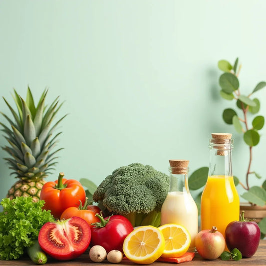 Fresh vegetables and fruits with broccoli, pineapple, tomatoes, lettuce, lemon, apples, and bottles of juice on wooden table