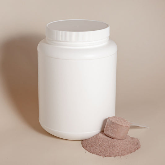 Unbranded supplement powder container with measuring scoop