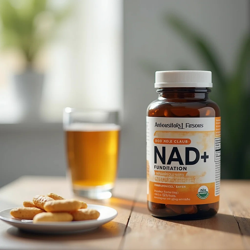Bottle of NAD+ supplement on wooden table with glass of amber liquid and plate of cookies
