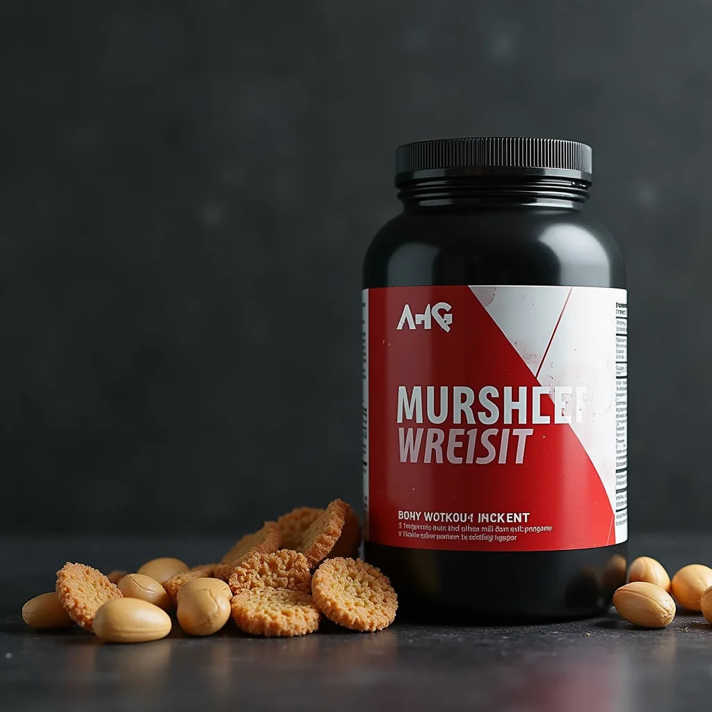 Black supplement jar with red and white label next to scattered cookies and nuts on dark surface