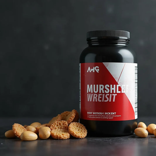 Black supplement jar with red and white label next to scattered cookies and nuts on dark surface