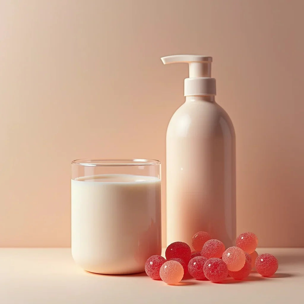 Glass of milk next to a beige pump bottle and scattered red and pink gummy candies on a light surface