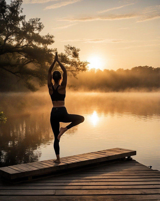 Woman practicing tree yoga pose on wooden dock by misty lake at sunrise