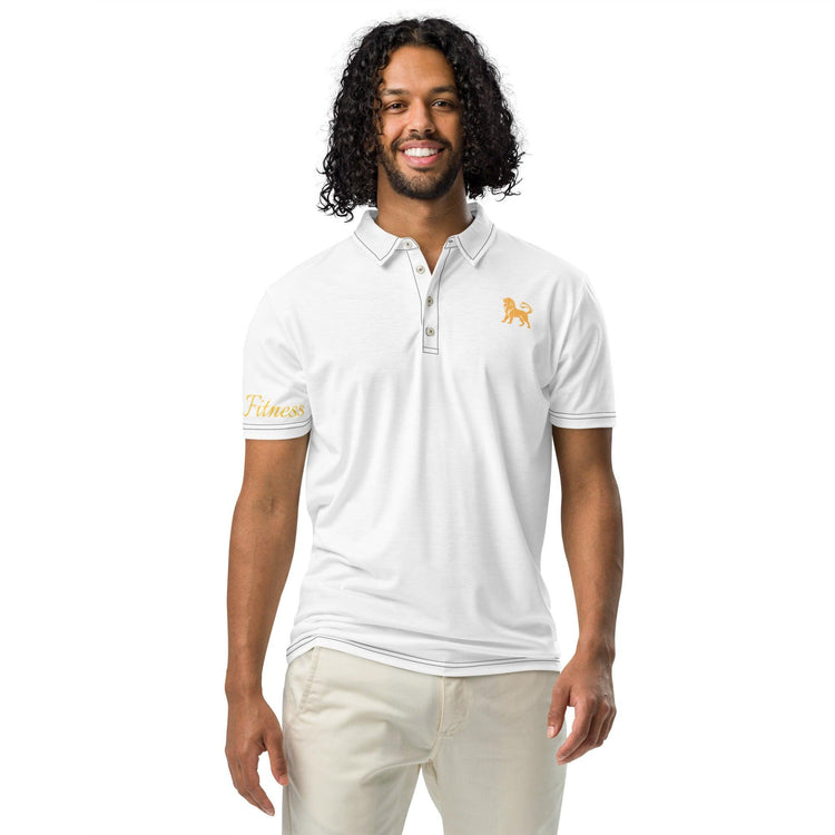 Smiling man wearing white slim-fit polo shirt with lion logo and fitness text on sleeve